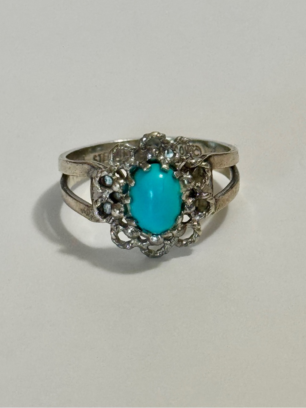Vintage Sarah Coventry Sterling Silver Turquoise Ring 1970’s Floral Filigree